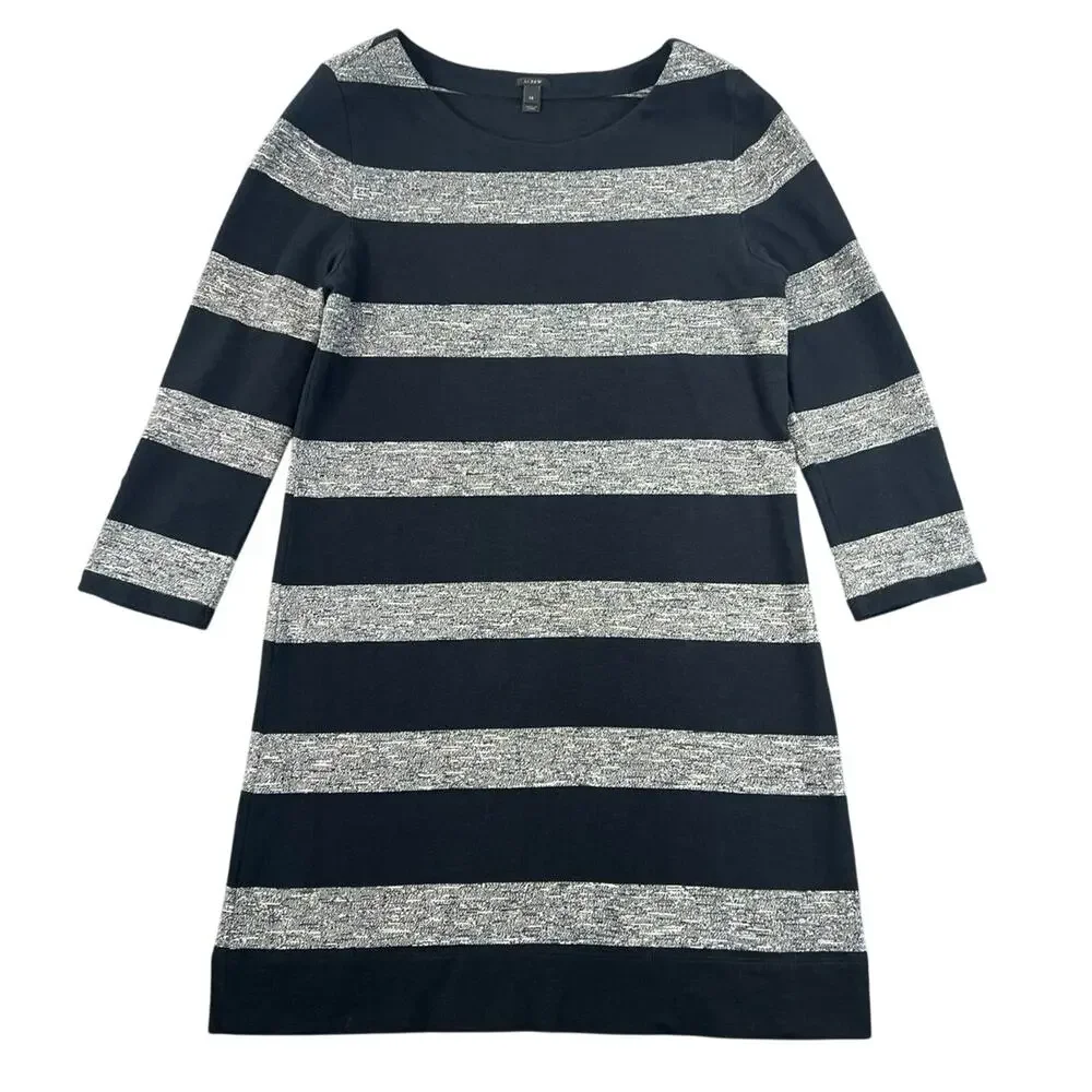 J Crew Black Gray Striped 3/4 Sleeve Knit Sheath Dress - XS